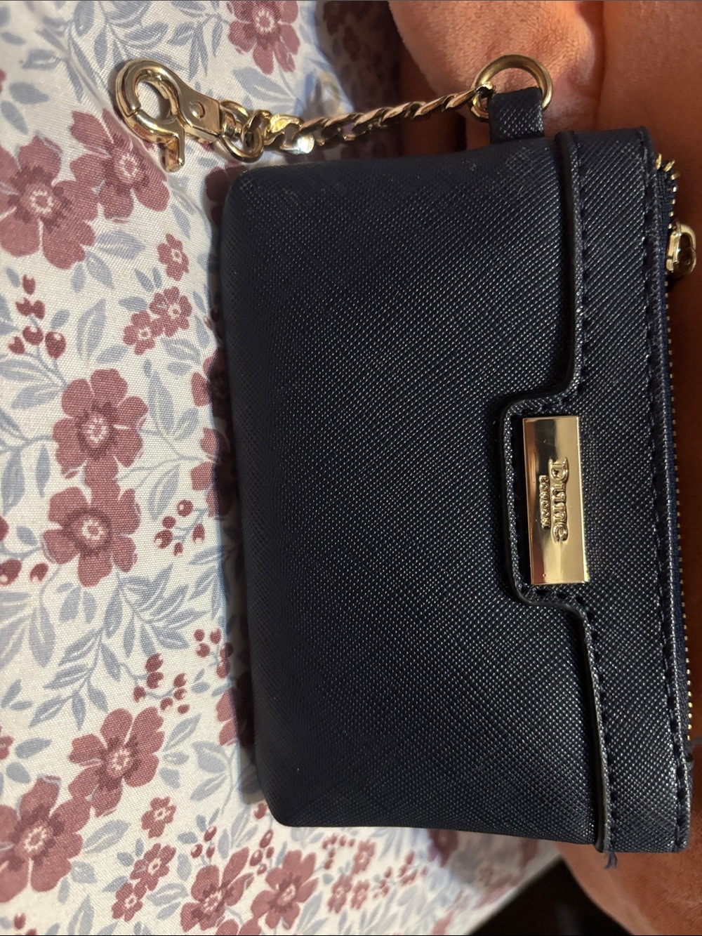 Dune London Navy Saffiano Wristlet with Gold Chain Trim